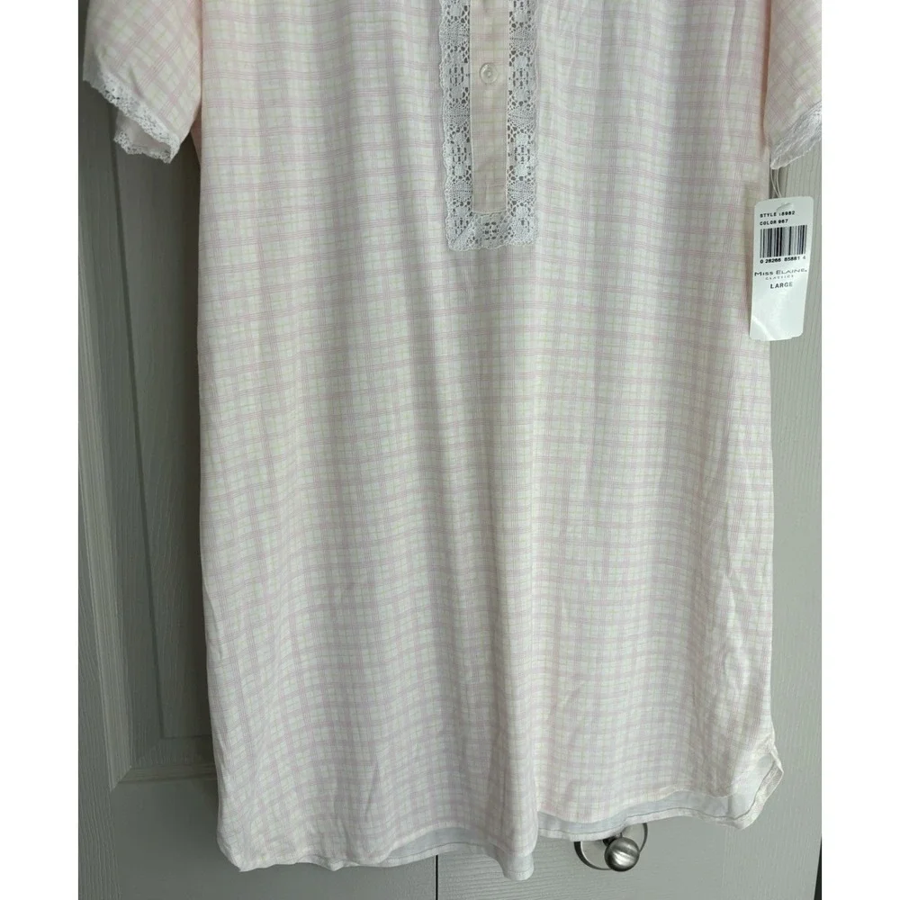 NWT Vintage Miss Elaine Nightgown Large Pink Plaid Lace Shirt Sleeve CottageCore